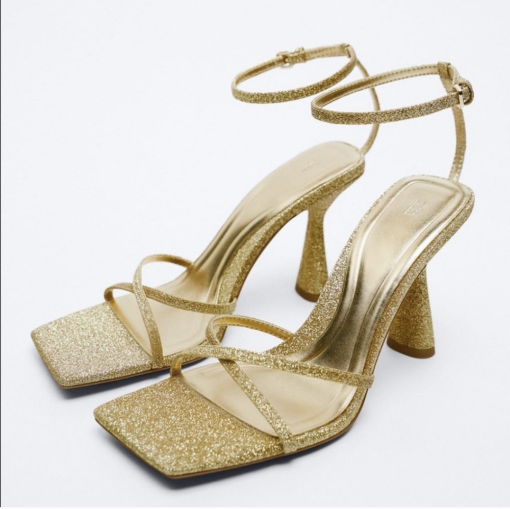 FINAL PRICE Zara Gold Glittery Heels EU 36 US 6 Strappy Glam Cocktail Party